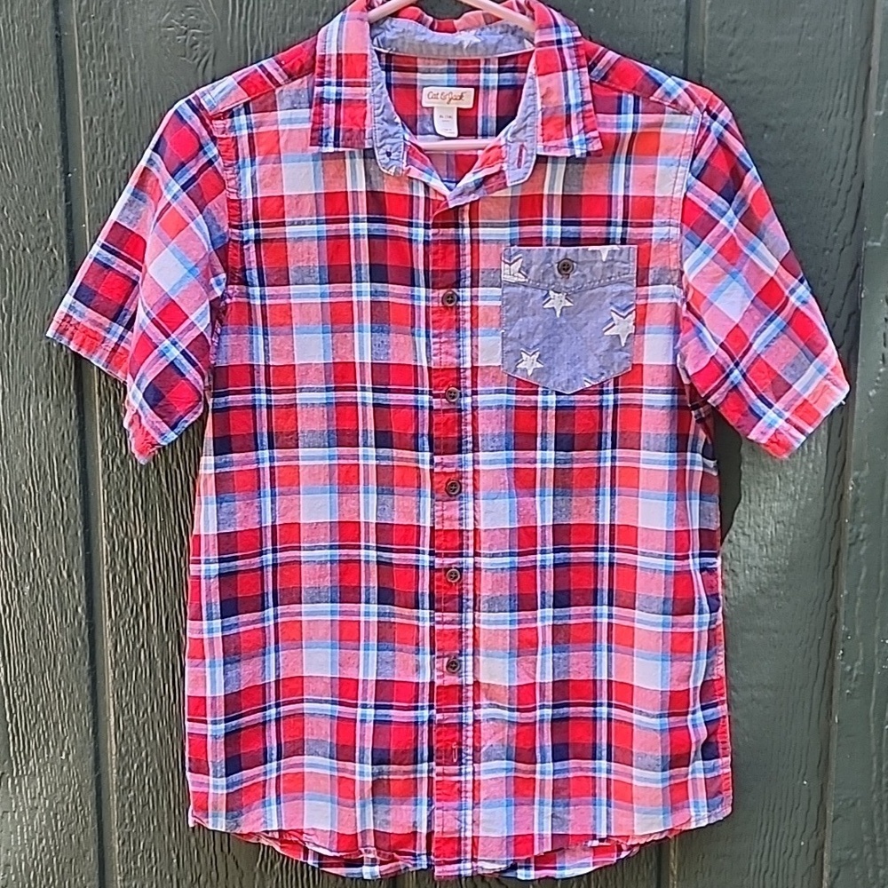 Cat and Jack Patriotic button down short sleeve boys 16 xl